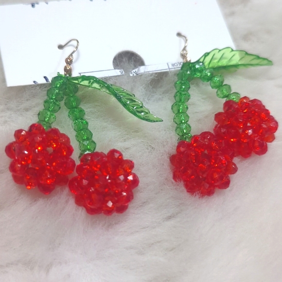 Beaded Cherry Drop Earrings - Picture 2 of 6